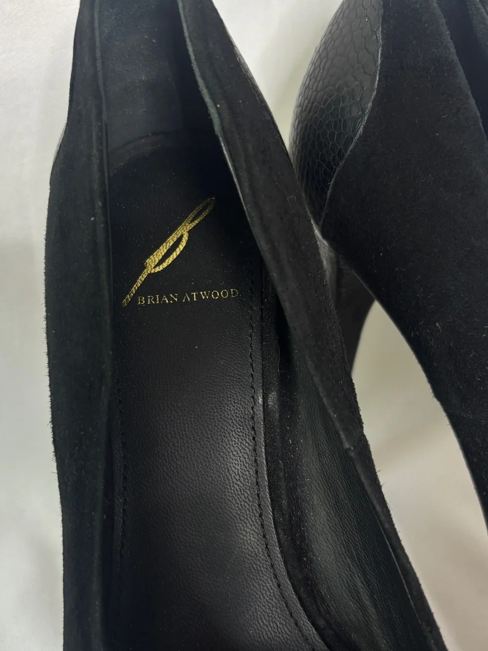Brian Atwood suede‎ platform stiletto heels with black and gold statement detail